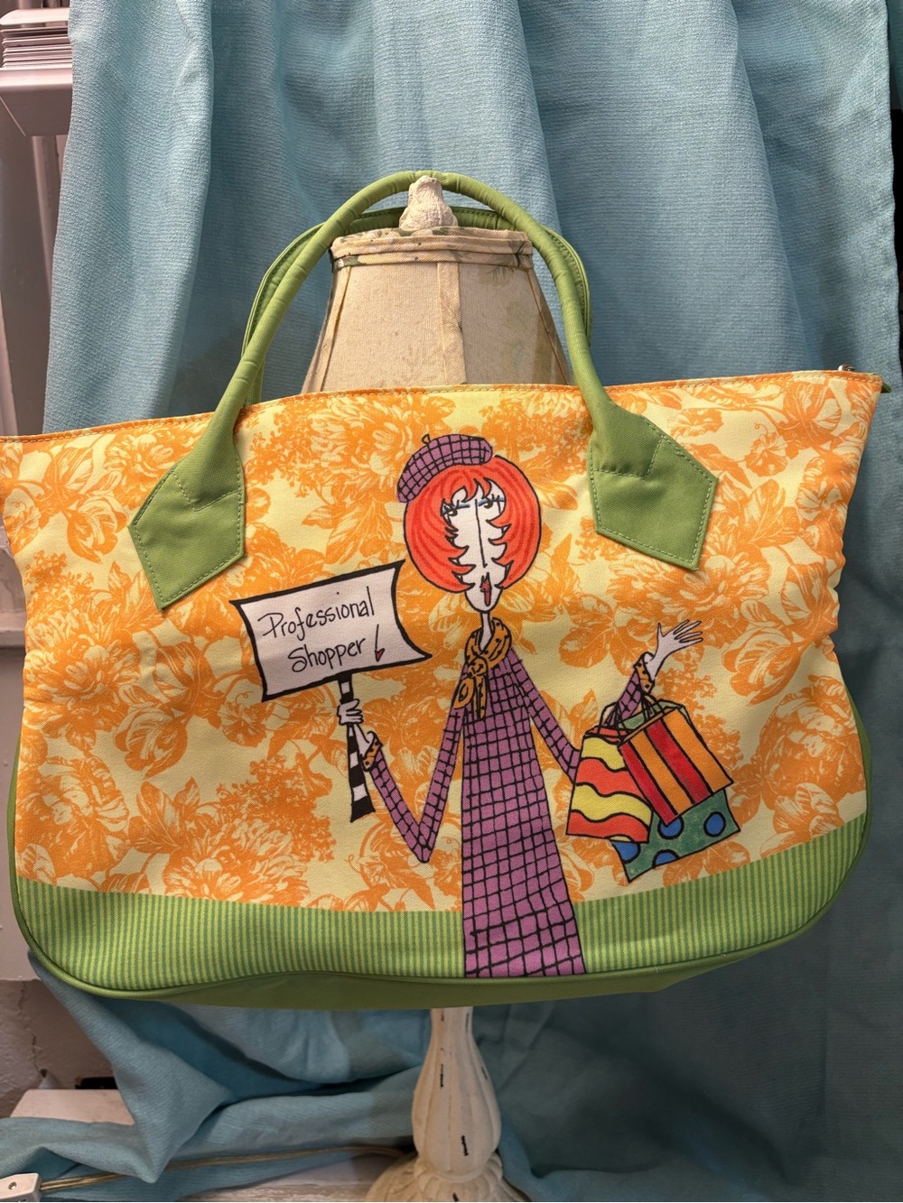 Yellow Floral 'Professional Shopper' Tote Bag with Green Handles Dolly Mama